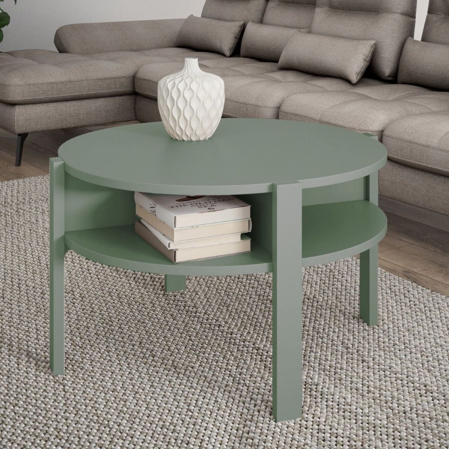 Tobago Round Coffee Table with Open Shelf in Sage Green