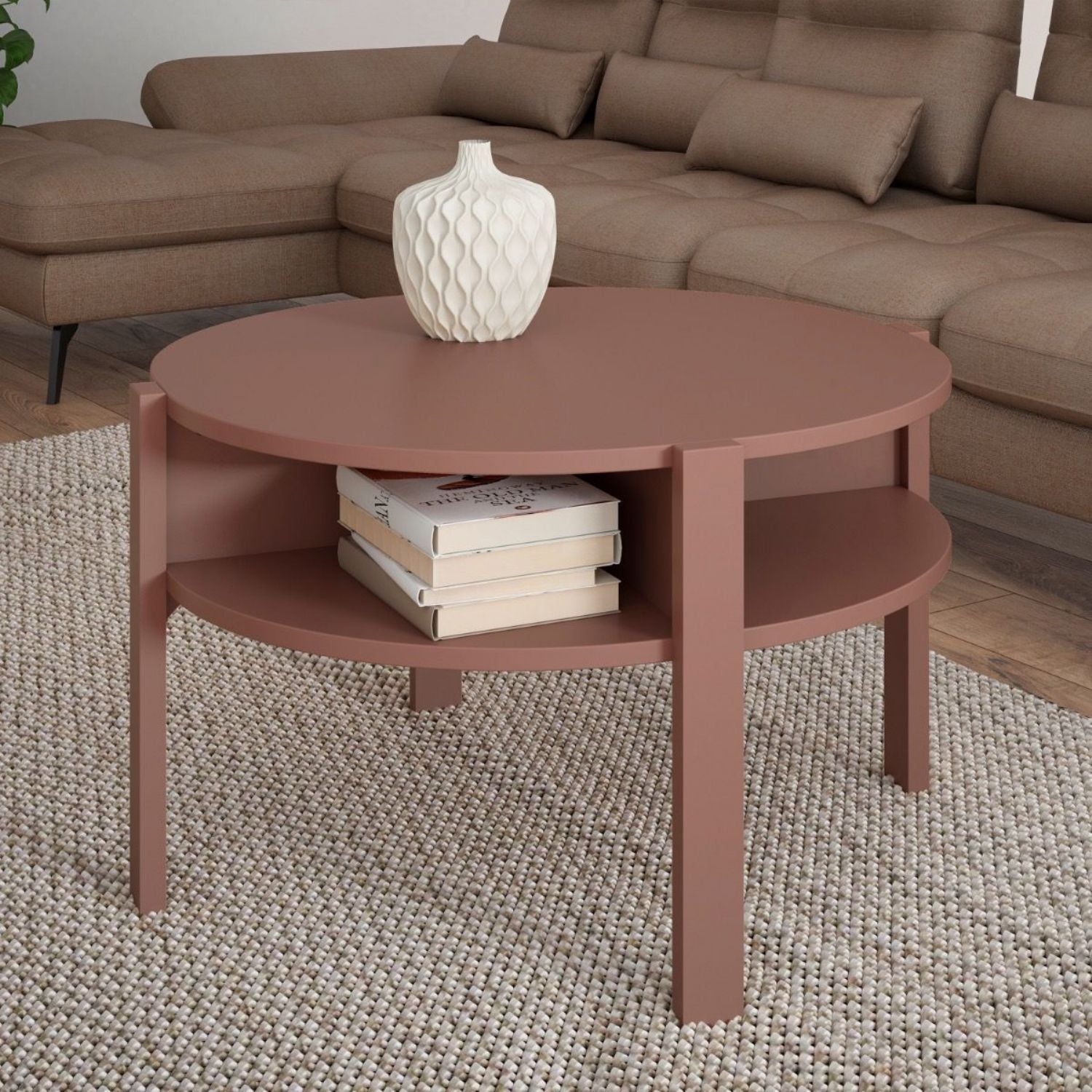 Tobago Round Coffee Table with Open Shelf in Terracotta