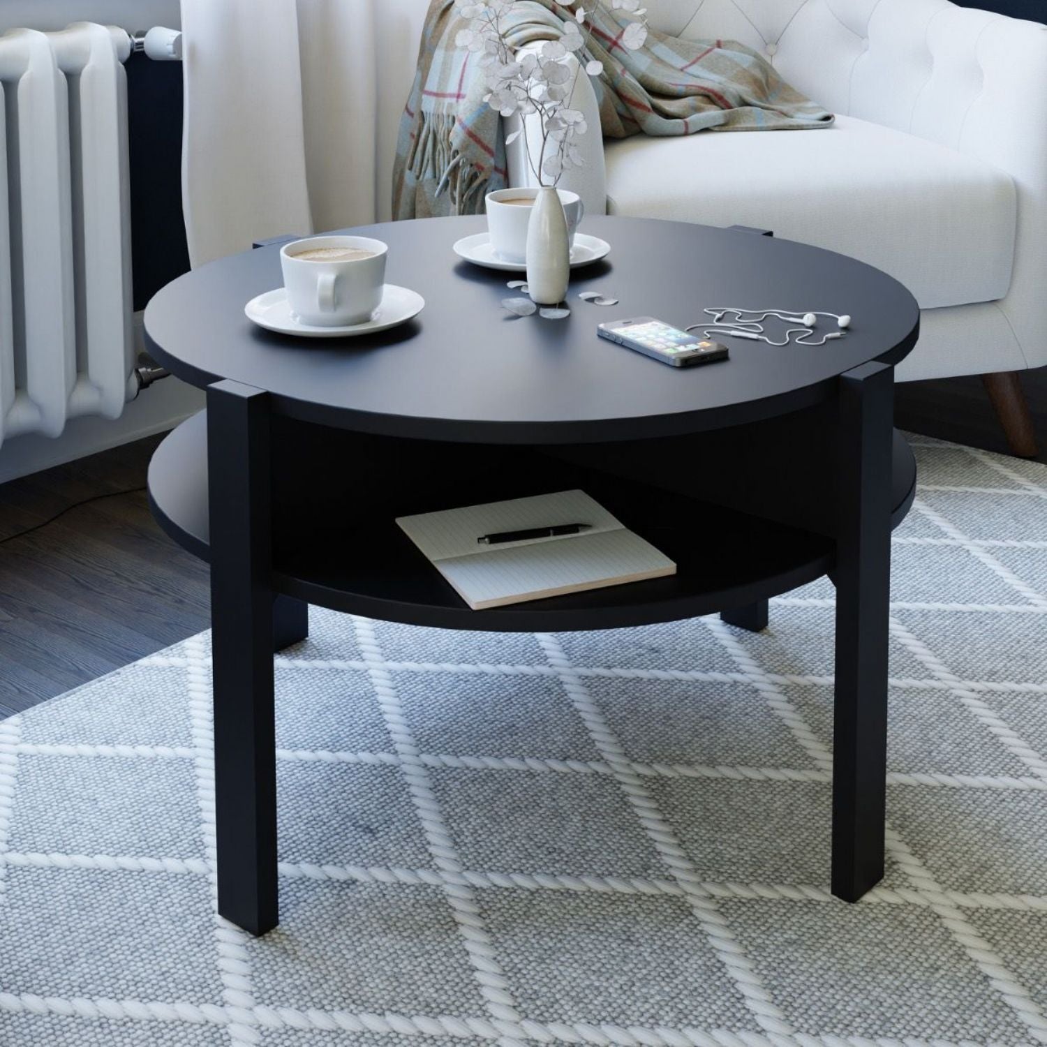Tobago Round Coffee Table with Open Shelf in Black