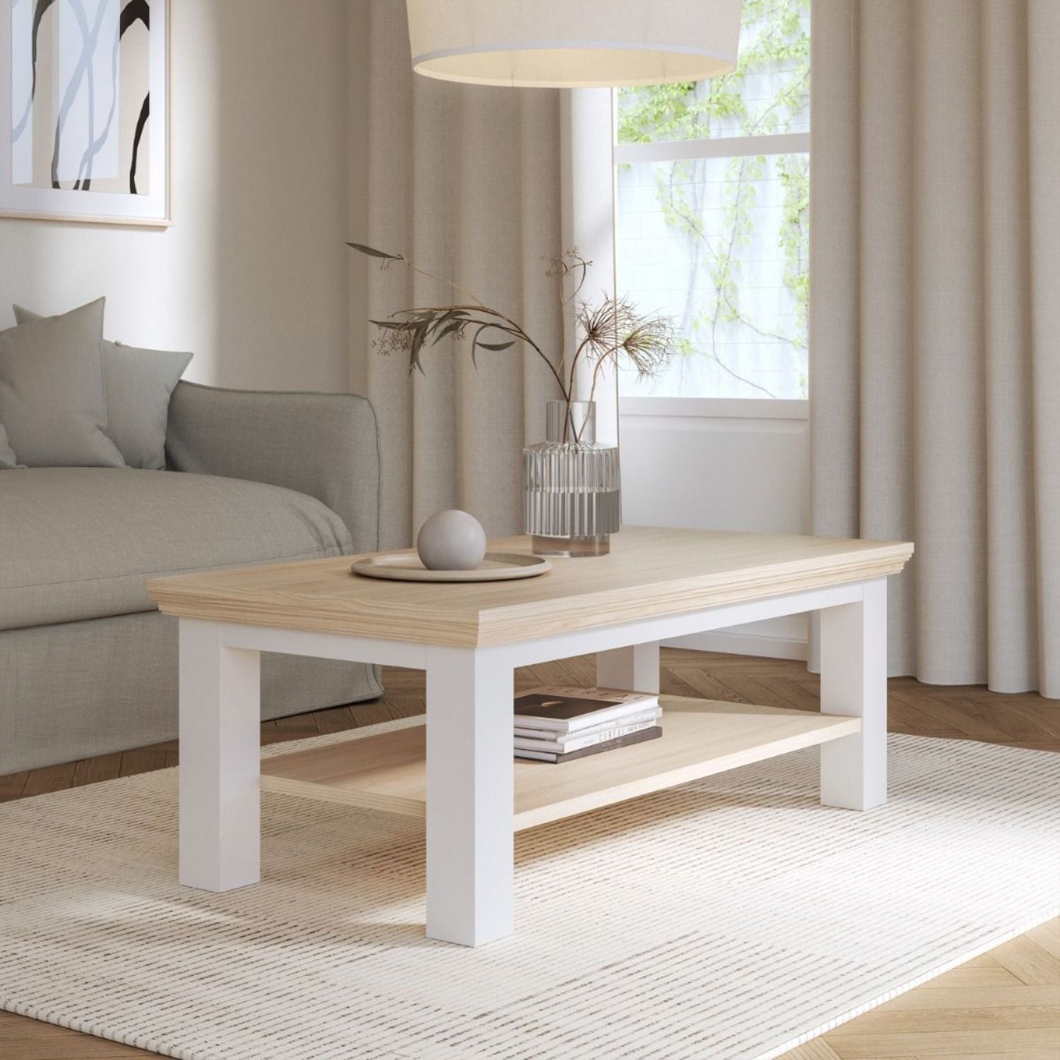 Pontypool Large Rectangular Coffee Table with Shelf in White and Riva Oak