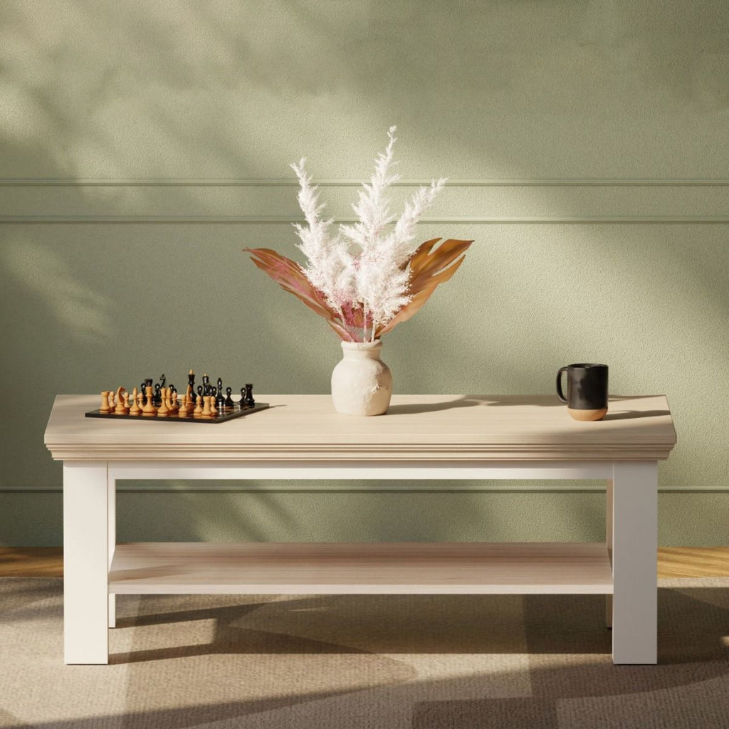 Pontypool Large Rectangular Coffee Table with Shelf in White and Riva Oak