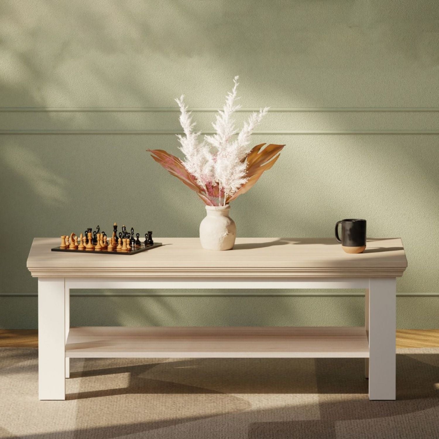 Pontypool Large Rectangular Coffee Table with Shelf in White and Riva Oak