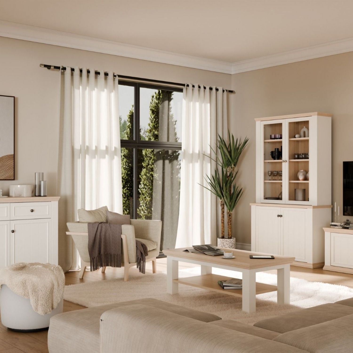 Pontypool Large Rectangular Coffee Table with Shelf in White and Riva Oak