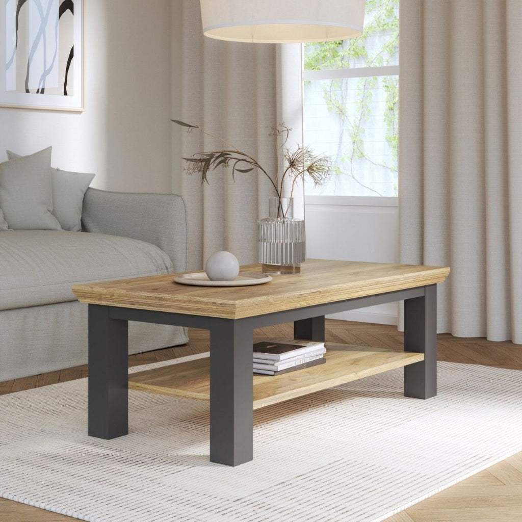 Pontypool Large Rectangular Coffee Table with Shelf in Grey and Mauvella Oak