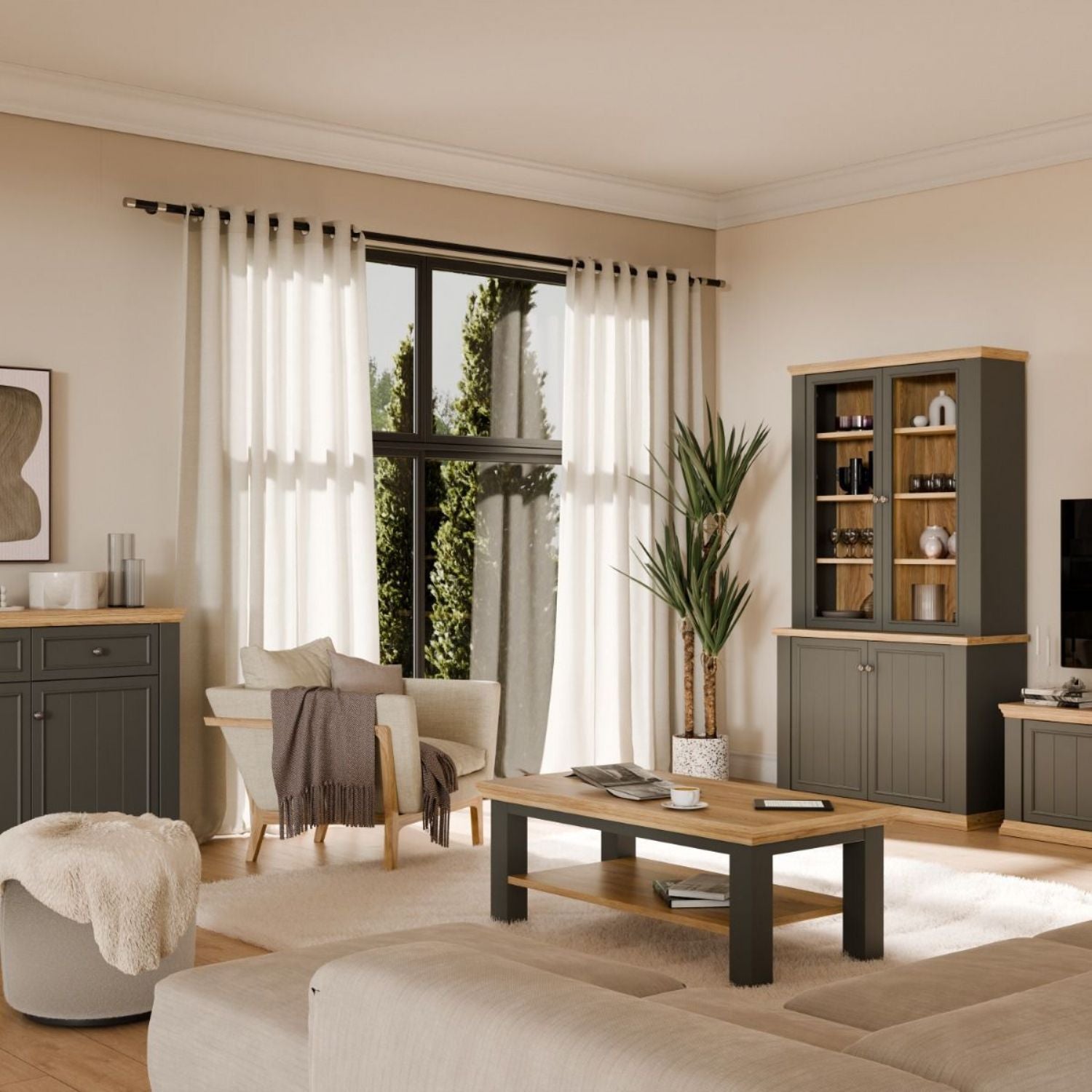 Pontypool Large Rectangular Coffee Table with Shelf in Grey and Mauvella Oak
