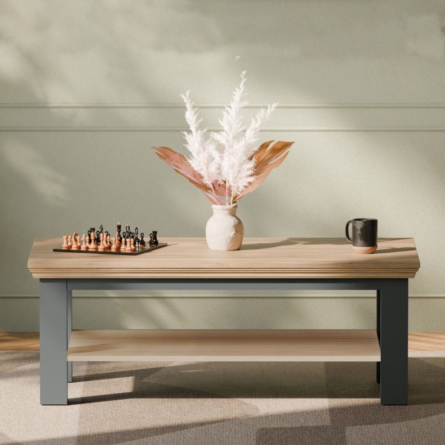 Pontypool Large Rectangular Coffee Table with Shelf in Grey and Mauvella Oak