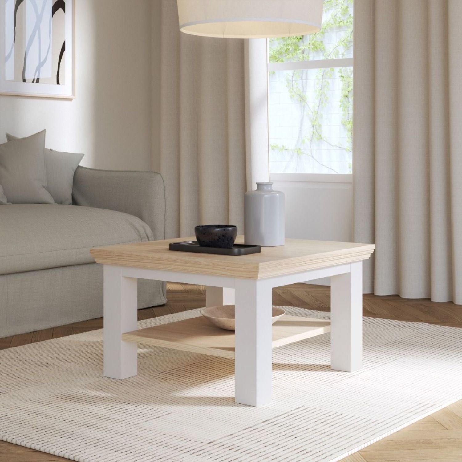 Pontypool Small Coffee Table with Shelf in White and Riva Oak