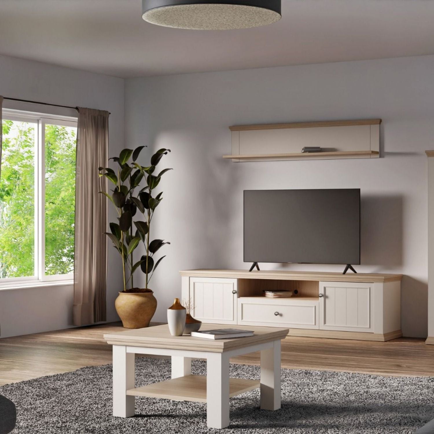 Pontypool Small Coffee Table with Shelf in White and Riva Oak