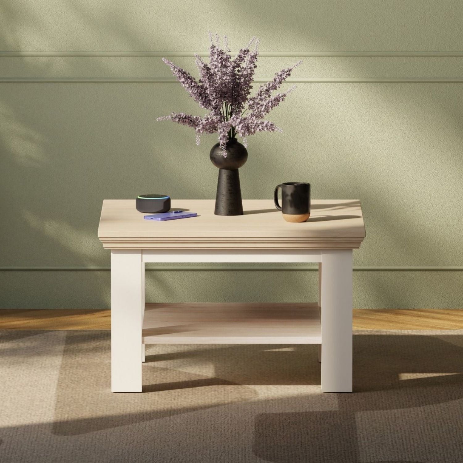 Pontypool Small Coffee Table with Shelf in White and Riva Oak