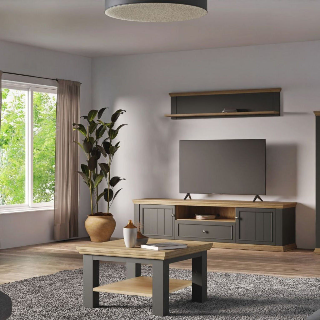 Pontypool Small Coffee Table with Shelf in Wolfram Grey and Mauvella Oak