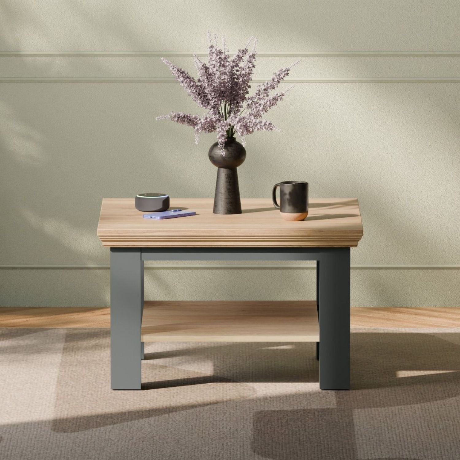 Pontypool Small Coffee Table with Shelf in Wolfram Grey and Mauvella Oak