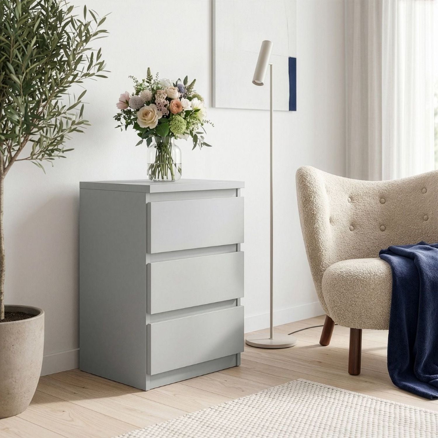 Edmore 3 Drawer Bedside Chest in Light Grey