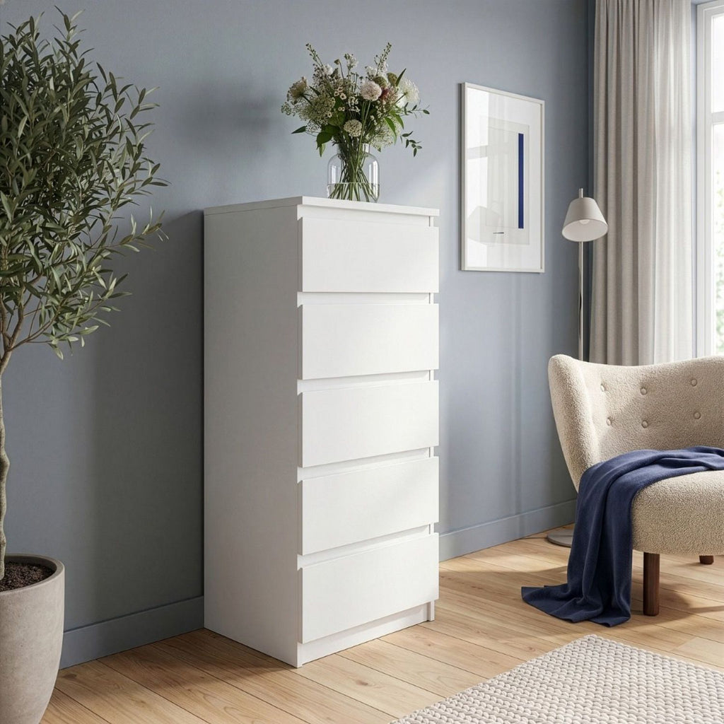Edmore 5 Drawer Tall Narrow Chest in White