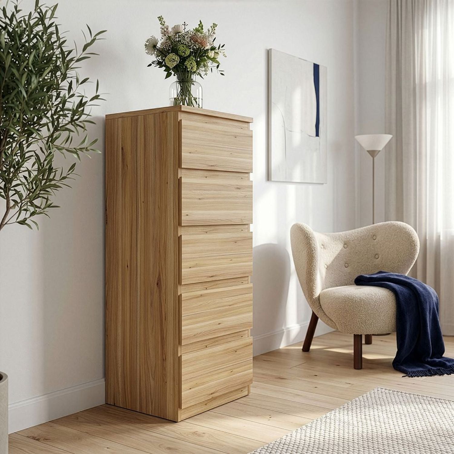 Edmore 5 Drawer Tall Narrow Chest in Mauvella Oak