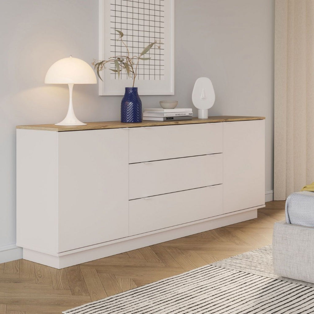 Ganymede Large Sideboard with 3 Drawers & 2 Doors in Mauvella Oak and Sand