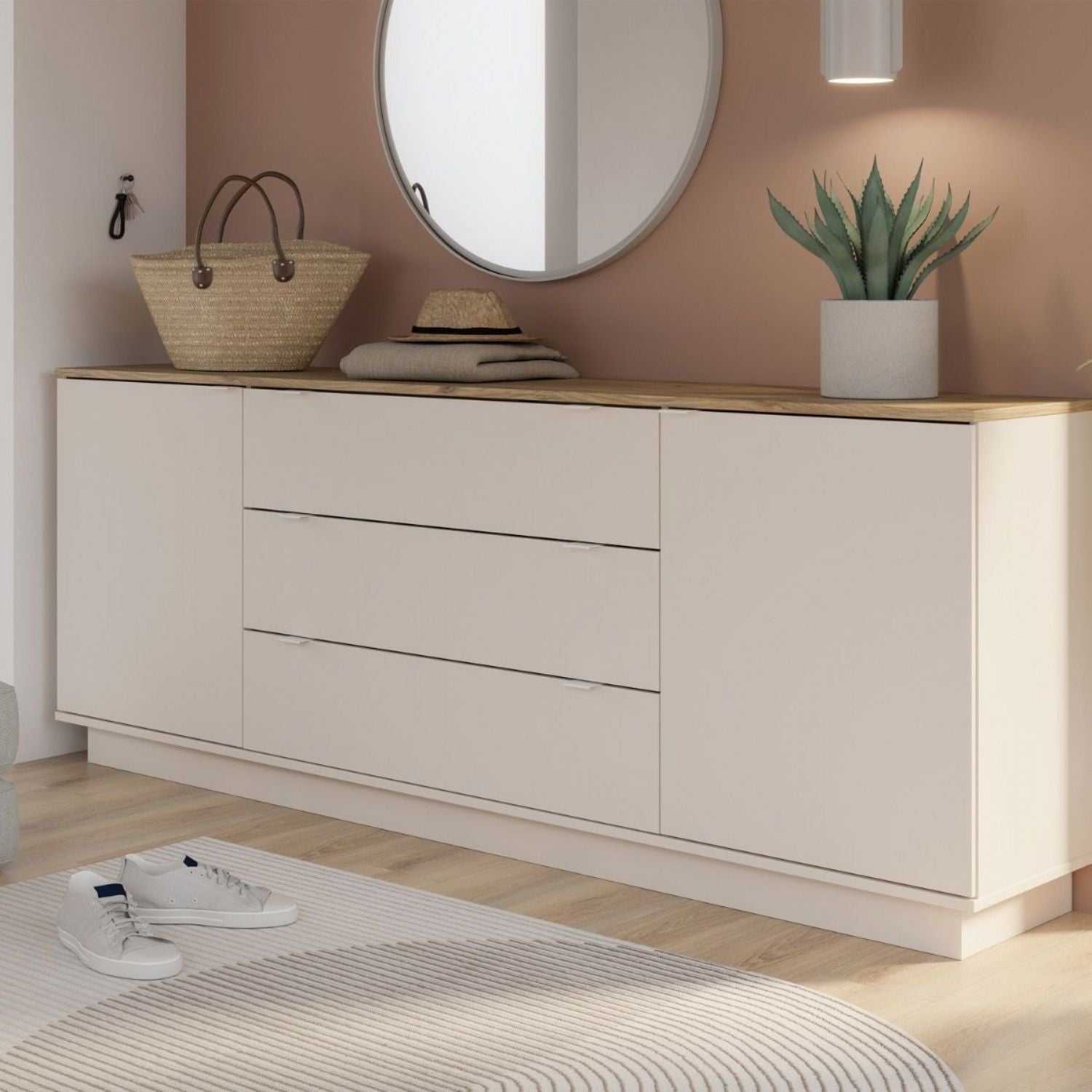 Ganymede Large Sideboard with 3 Drawers & 2 Doors in Mauvella Oak and Sand