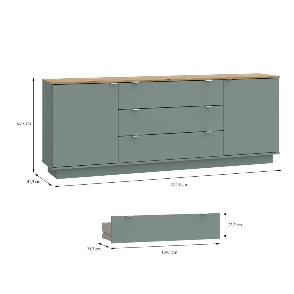 Ganymede Large Sideboard with 3 Drawers & 2 Doors in Mauvella Oak and Sage