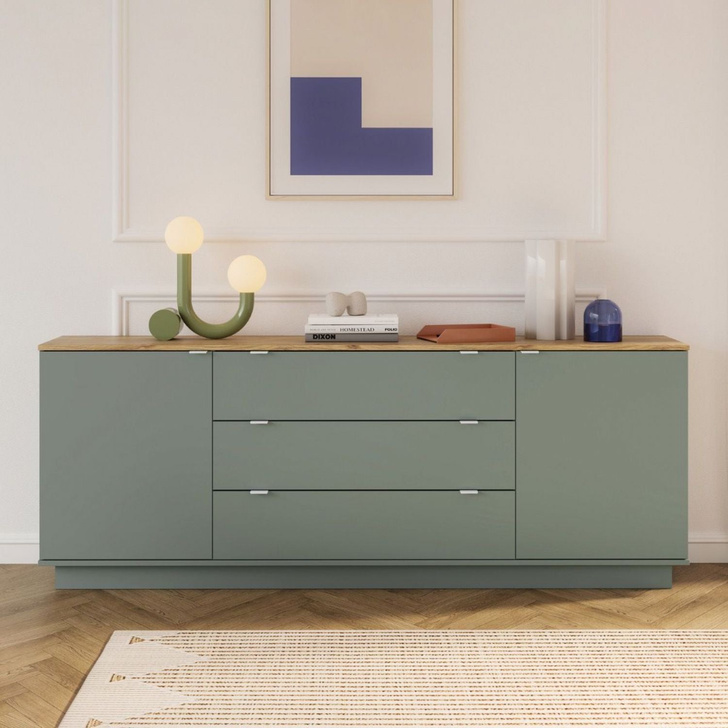 Ganymede Large Sideboard with 3 Drawers & 2 Doors in Mauvella Oak and Sage