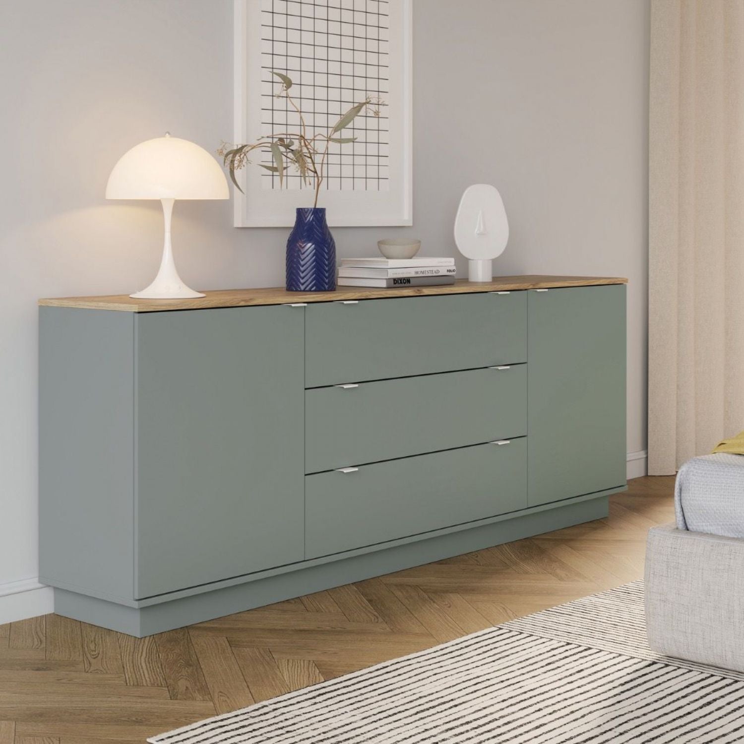 Ganymede Large Sideboard with 3 Drawers & 2 Doors in Mauvella Oak and Sage