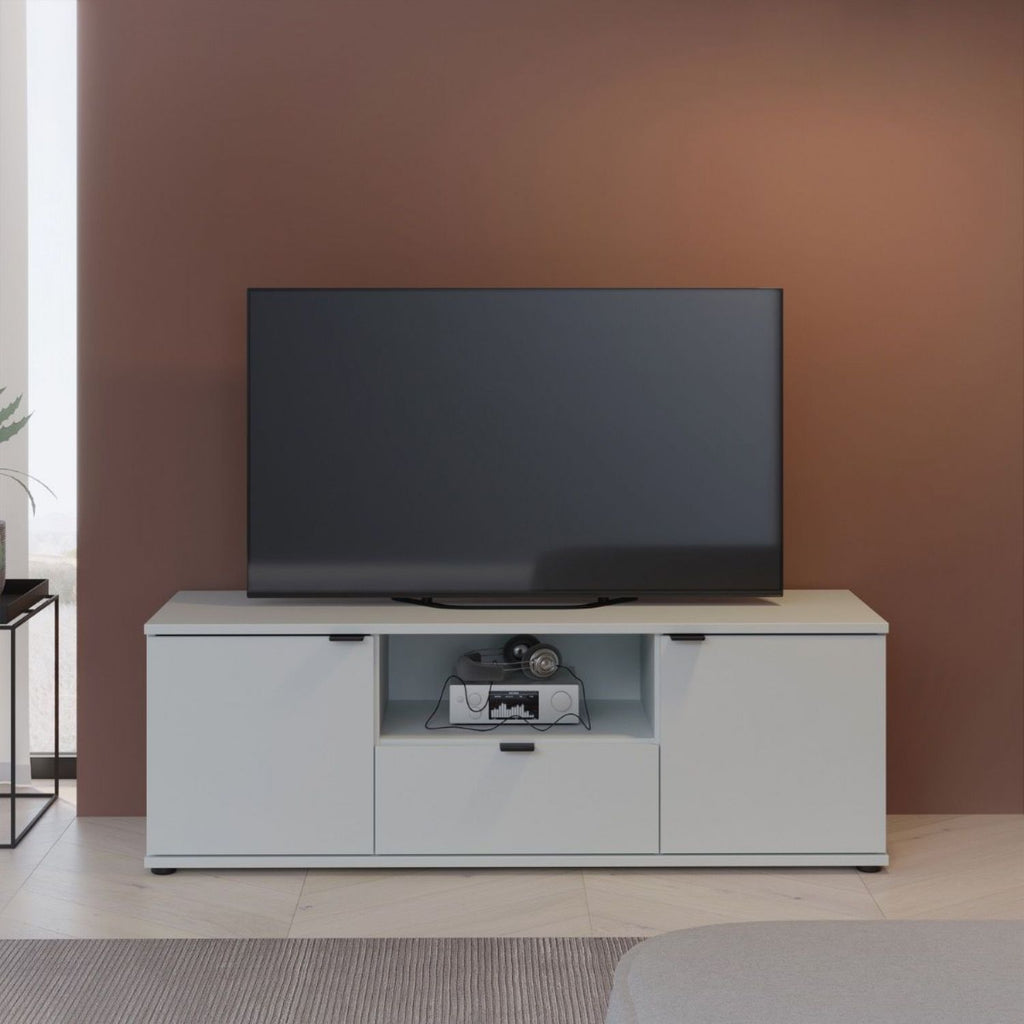 Ganymede Wide TV Unit with Open Shelf, Drawer & 2 Doors in Light Grey