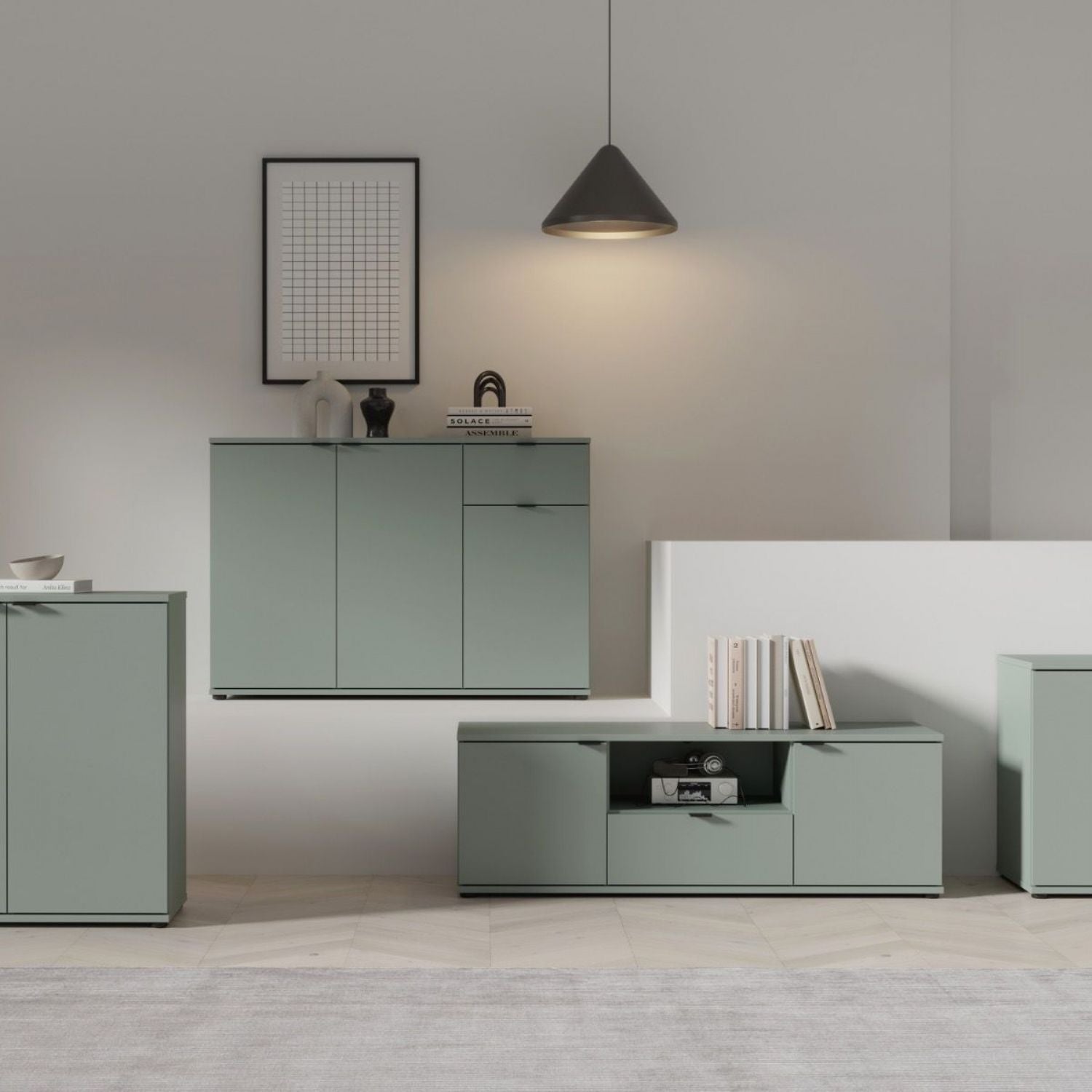 Ganymede Wide TV Unit with Open Shelf & 2 Doors in Sage Green