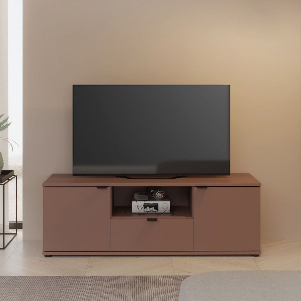 Ganymede Wide TV Unit with Open Shelf, Drawer & 2 Doors in Terracotta