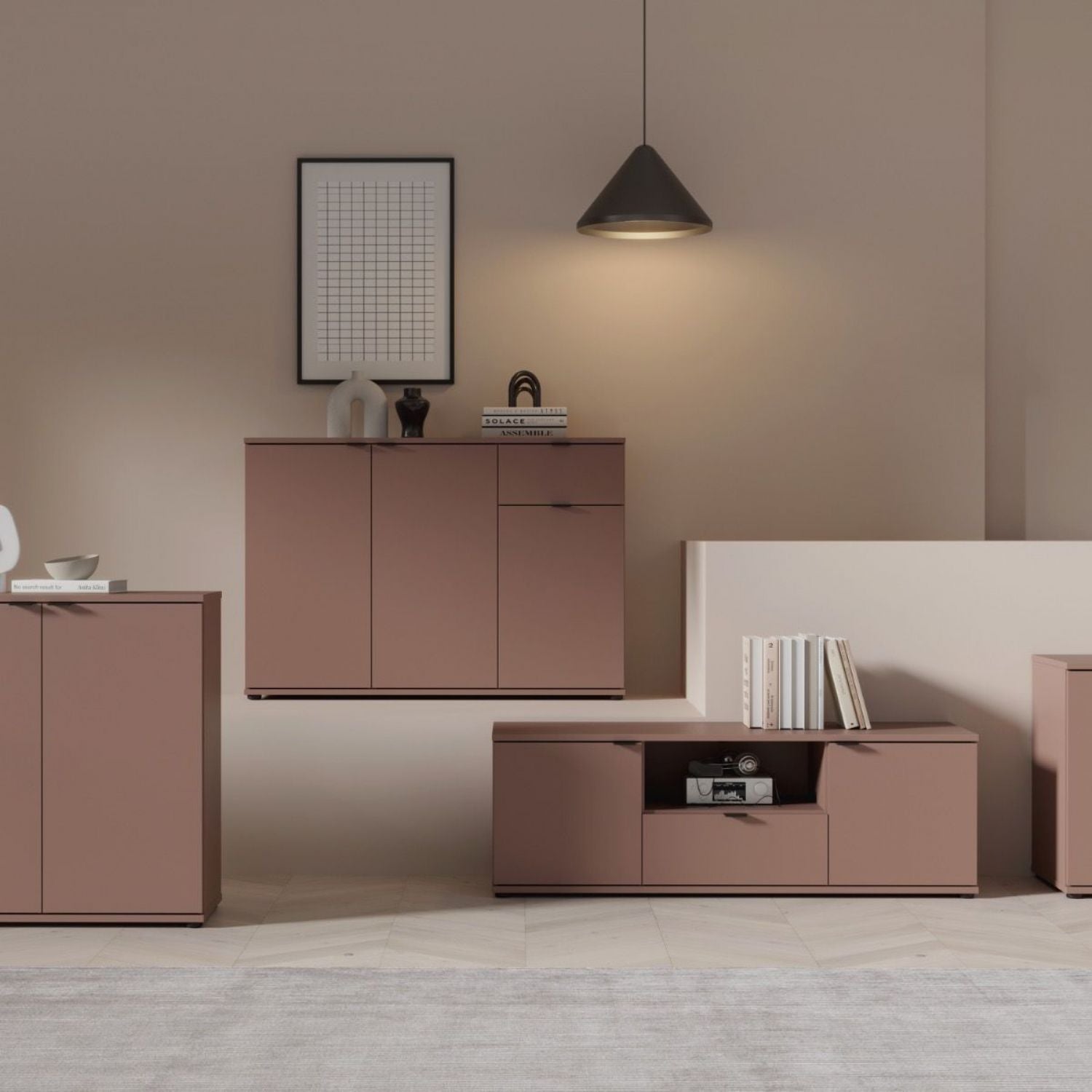 Ganymede Wide TV Unit with Open Shelf, Drawer & 2 Doors in Terracotta