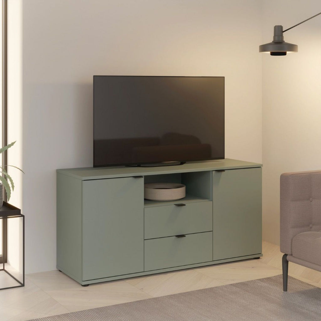 Ganymede TV Unit with Open Shelf, Drawer & 2 Doors in Sage Green