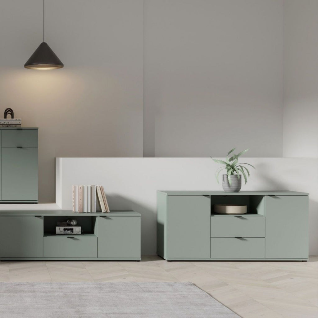 Ganymede TV Unit with Open Shelf, Drawer & 2 Doors in Sage Green