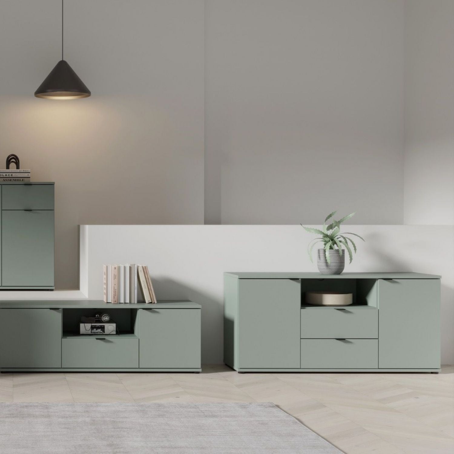 Ganymede TV Unit with Open Shelf, Drawer & 2 Doors in Sage Green