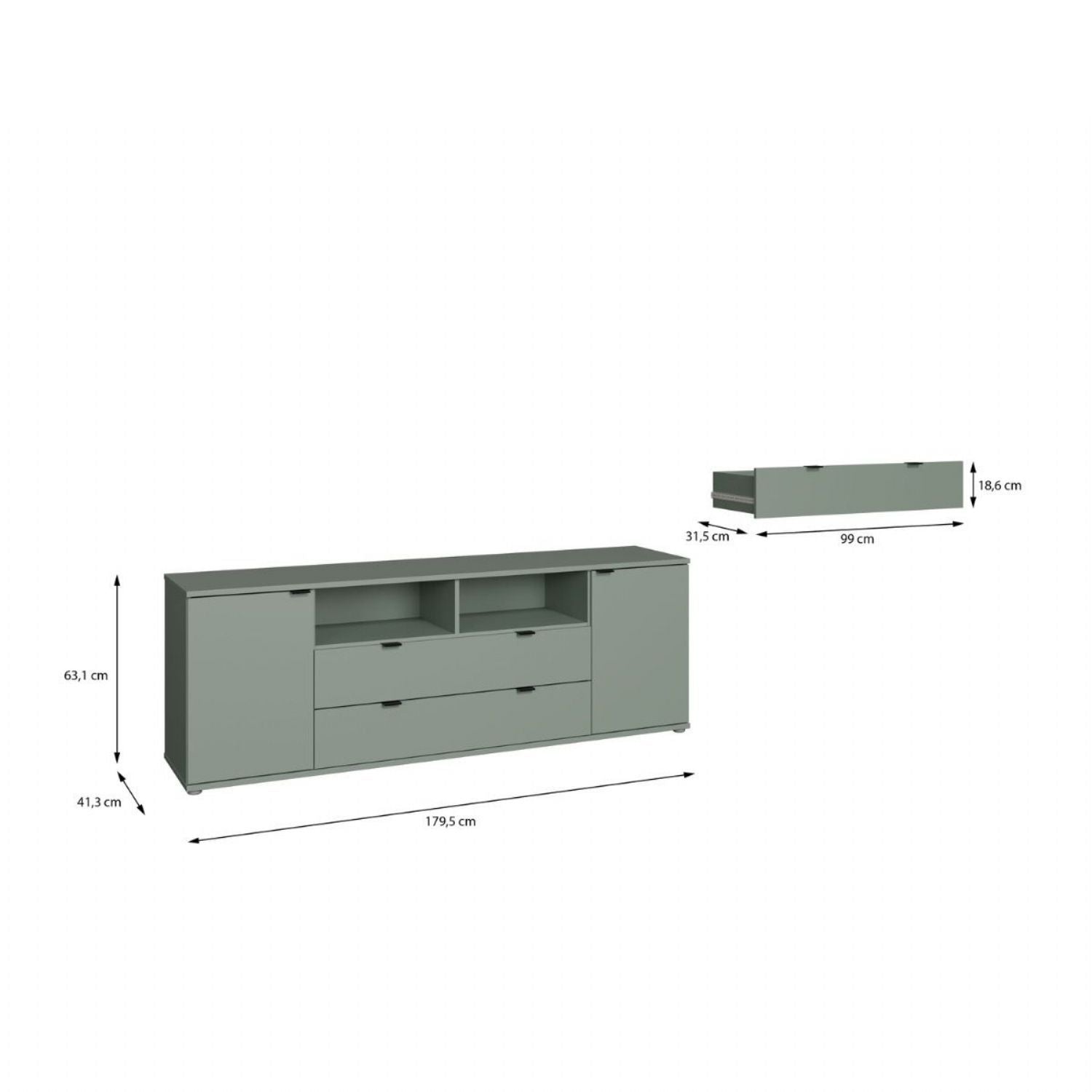 Ganymede Wide TV Unit with Open Shelving, 2 Drawers & 2 Doors in Sage Green
