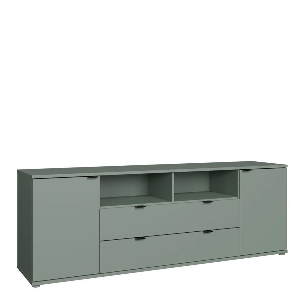 Ganymede Wide TV Unit with Open Shelving, 2 Drawers &amp; 2 Doors in Sage Green