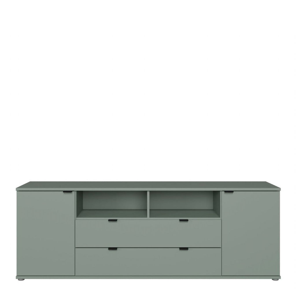 Ganymede Wide TV Unit with Open Shelving, 2 Drawers & 2 Doors in Sage Green