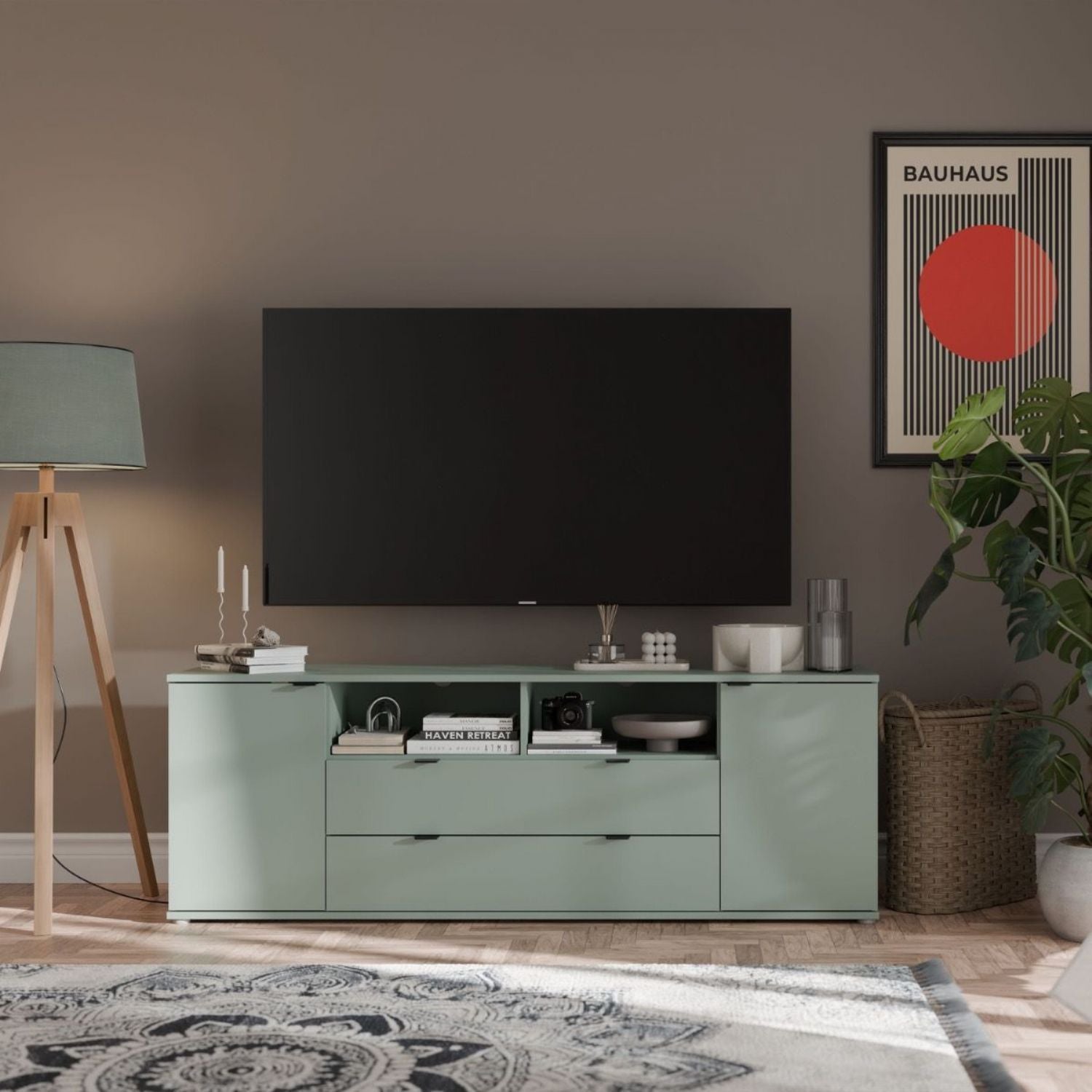 Ganymede Wide TV Unit with Open Shelving, 2 Drawers & 2 Doors in Sage Green