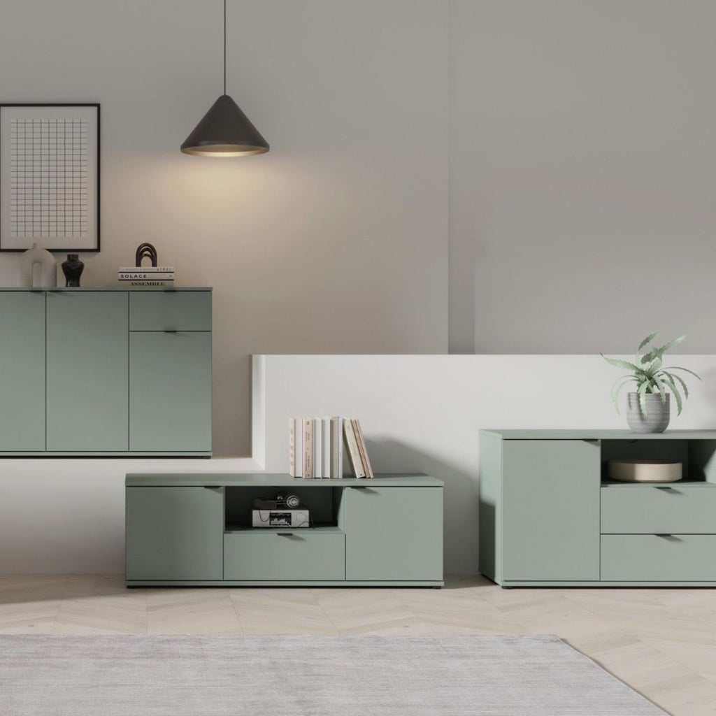Ganymede Wide TV Unit with Open Shelving, 2 Drawers & 2 Doors in Sage Green