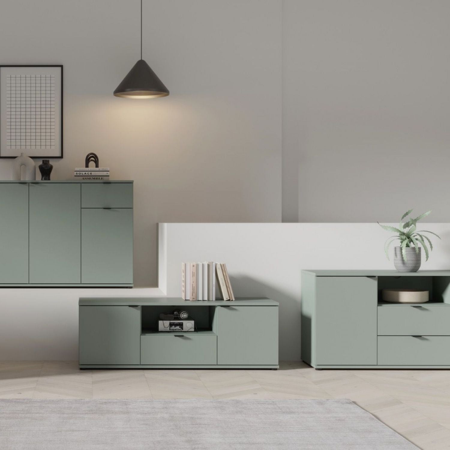 Ganymede Wide TV Unit with Open Shelving, 2 Drawers & 2 Doors in Sage Green