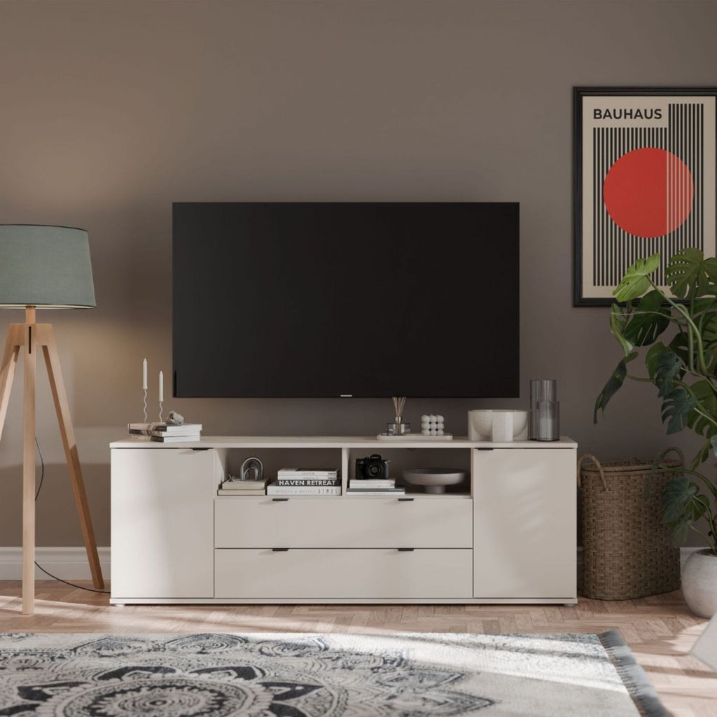 Ganymede Wide TV Unit with Open Shelving, 2 Drawers & 2 Doors in Sand
