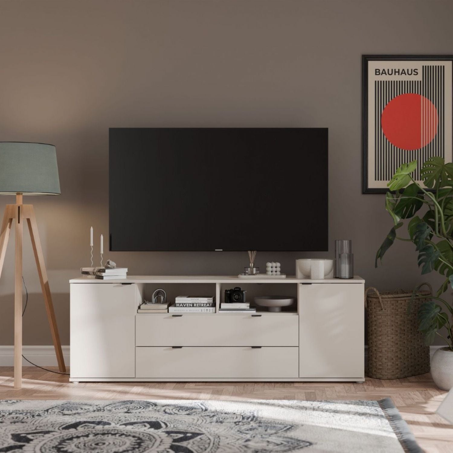 Ganymede Wide TV Unit with Open Shelving, 2 Drawers & 2 Doors in Sand