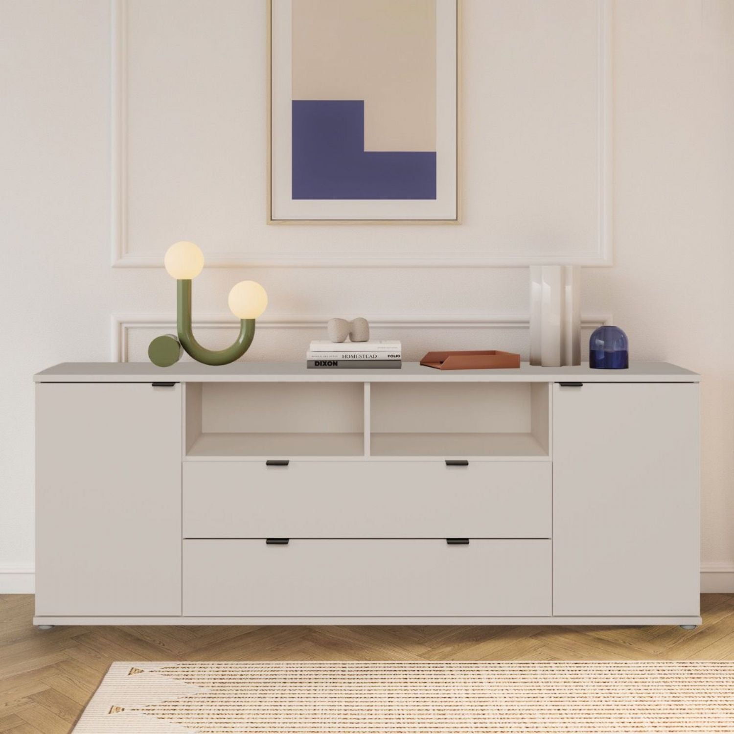 Ganymede Wide TV Unit with Open Shelving, 2 Drawers & 2 Doors in Sand