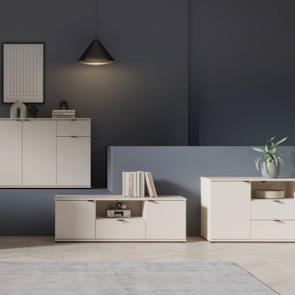 Ganymede Wide TV Unit with Open Shelving, 2 Drawers & 2 Doors in Sand
