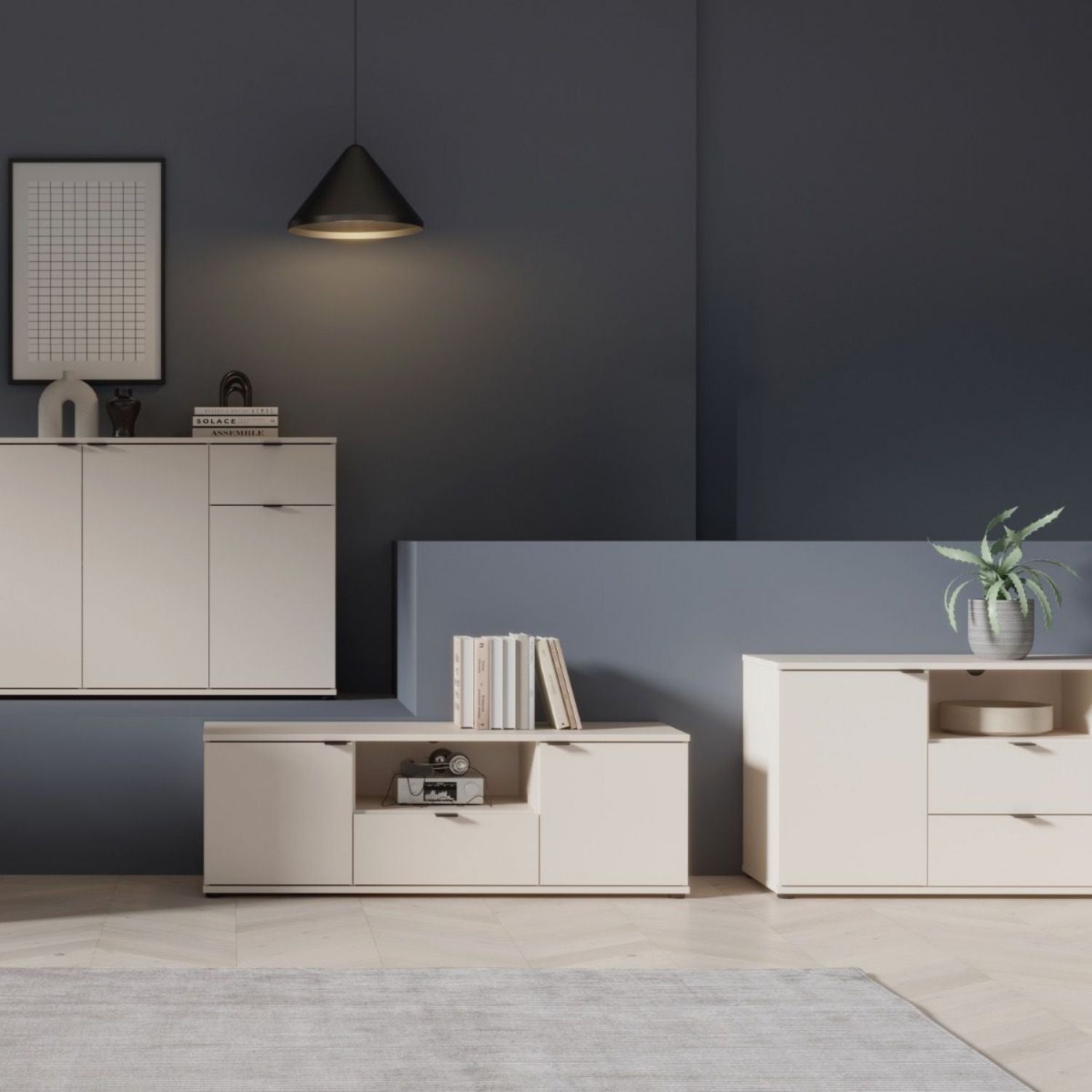 Ganymede Wide TV Unit with Open Shelving, 2 Drawers & 2 Doors in Sand