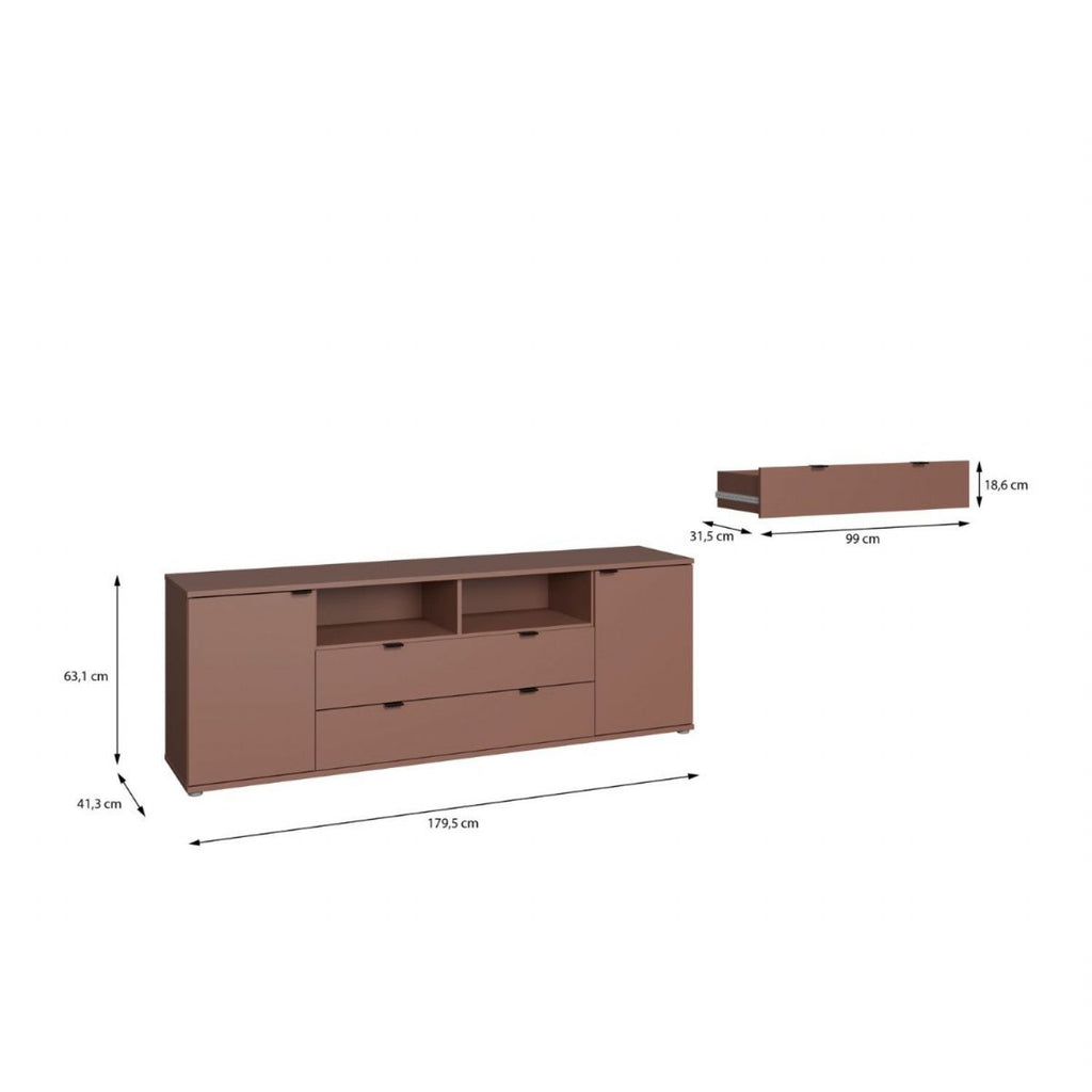 Ganymede Wide TV Unit with Open Shelving, 2 Drawers & 2 Doors in Terracotta