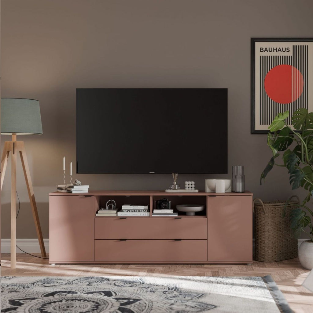 Ganymede Wide TV Unit with Open Shelving, 2 Drawers & 2 Doors in Terracotta