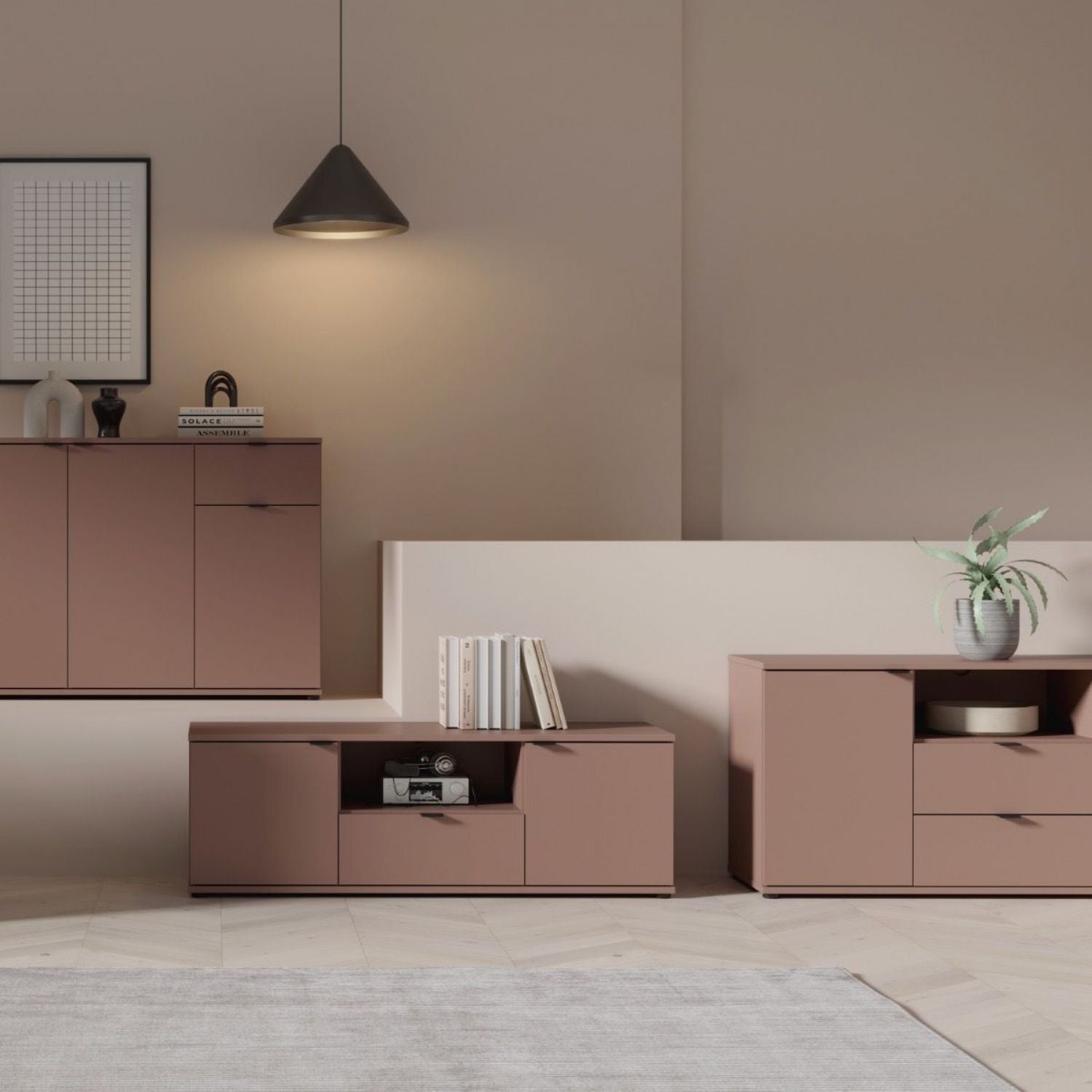 Ganymede Wide TV Unit with Open Shelving, 2 Drawers & 2 Doors in Terracotta