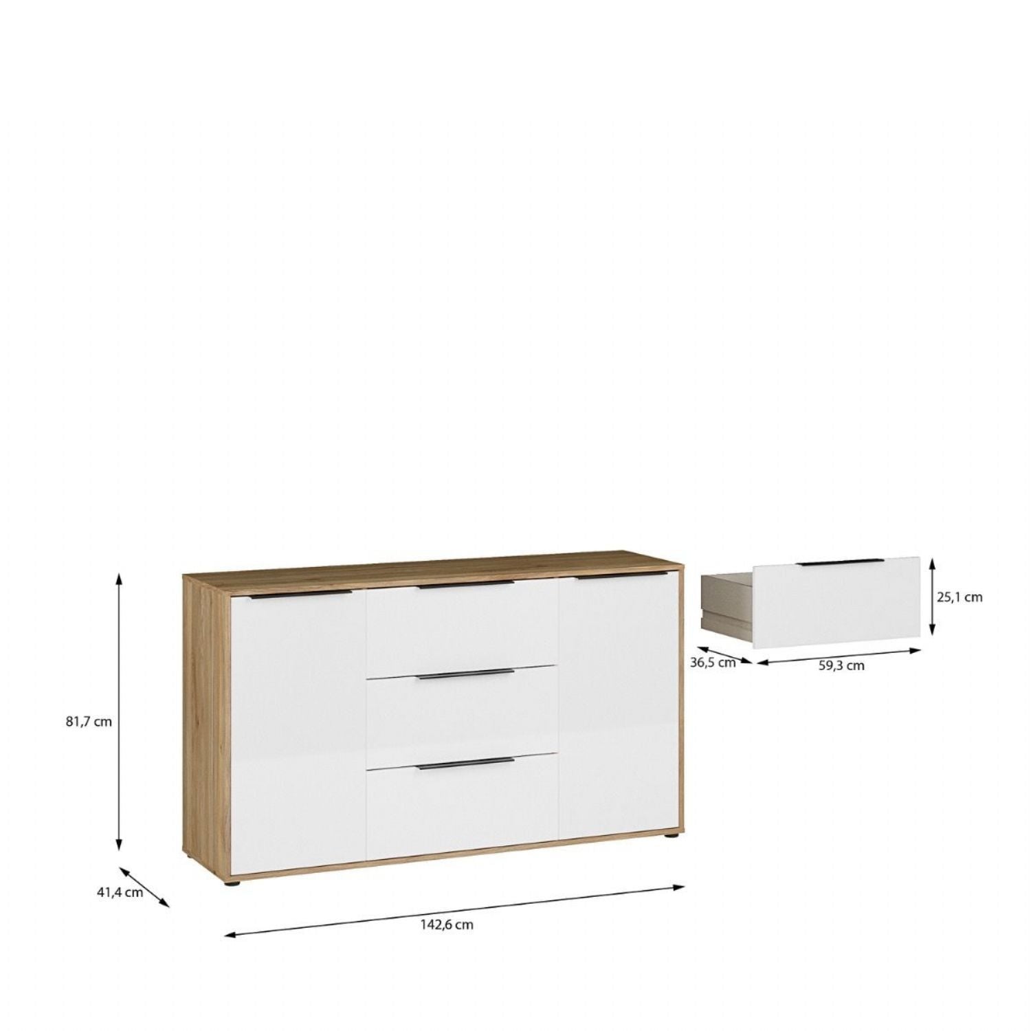 Orkney 3 Drawer Sideboard with 2 Doors in Mauvella Oak and White Gloss