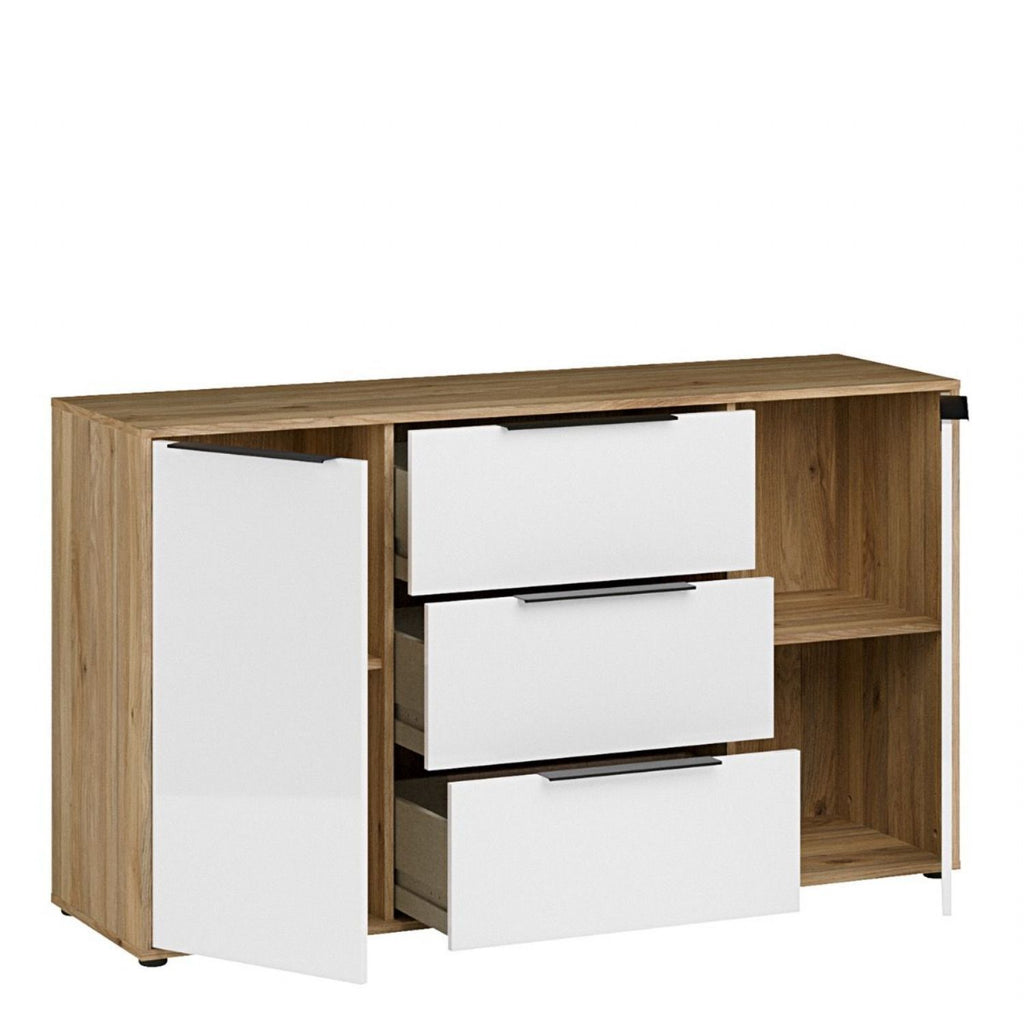 Orkney 3 Drawer Sideboard with 2 Doors in Mauvella Oak and White Gloss