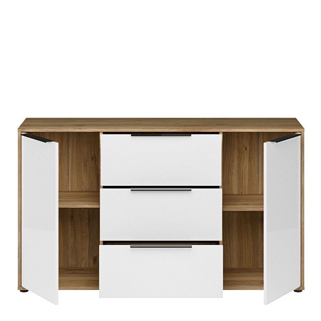 Orkney 3 Drawer Sideboard with 2 Doors in Mauvella Oak and White Gloss