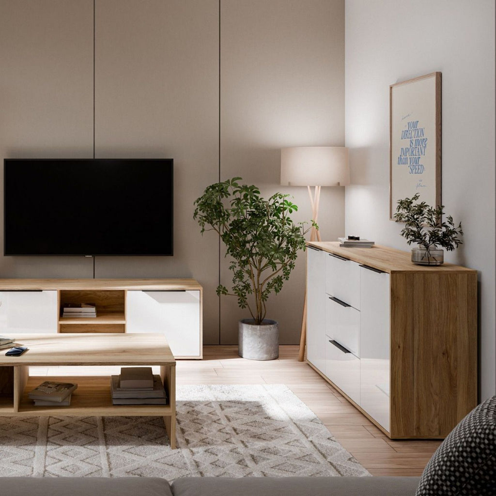 Orkney 3 Drawer Sideboard with 2 Doors in Mauvella Oak and White Gloss