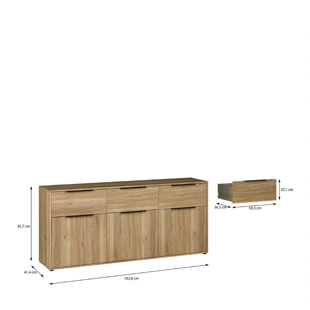 Orkney 3 Drawer Sideboard with 3 Doors in Mauvella Oak