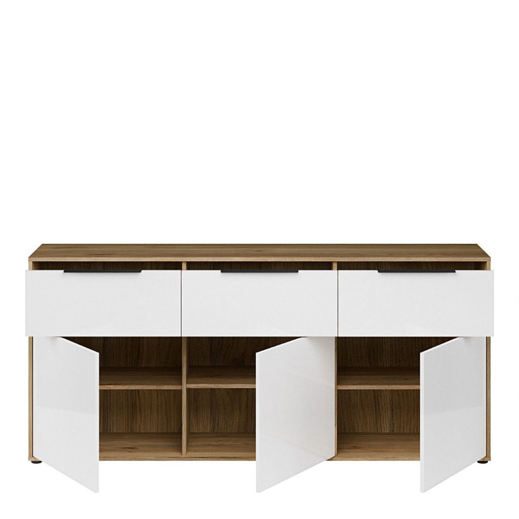 Orkney 3 Drawer Sideboard with 3 Doors in Mauvella Oak and White Gloss
